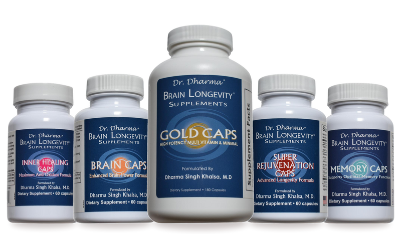 The five Dr. Dharma formulas: Inner Healing, Brain Caps, Gold Caps, Super Rejuvenation and Memory Caps