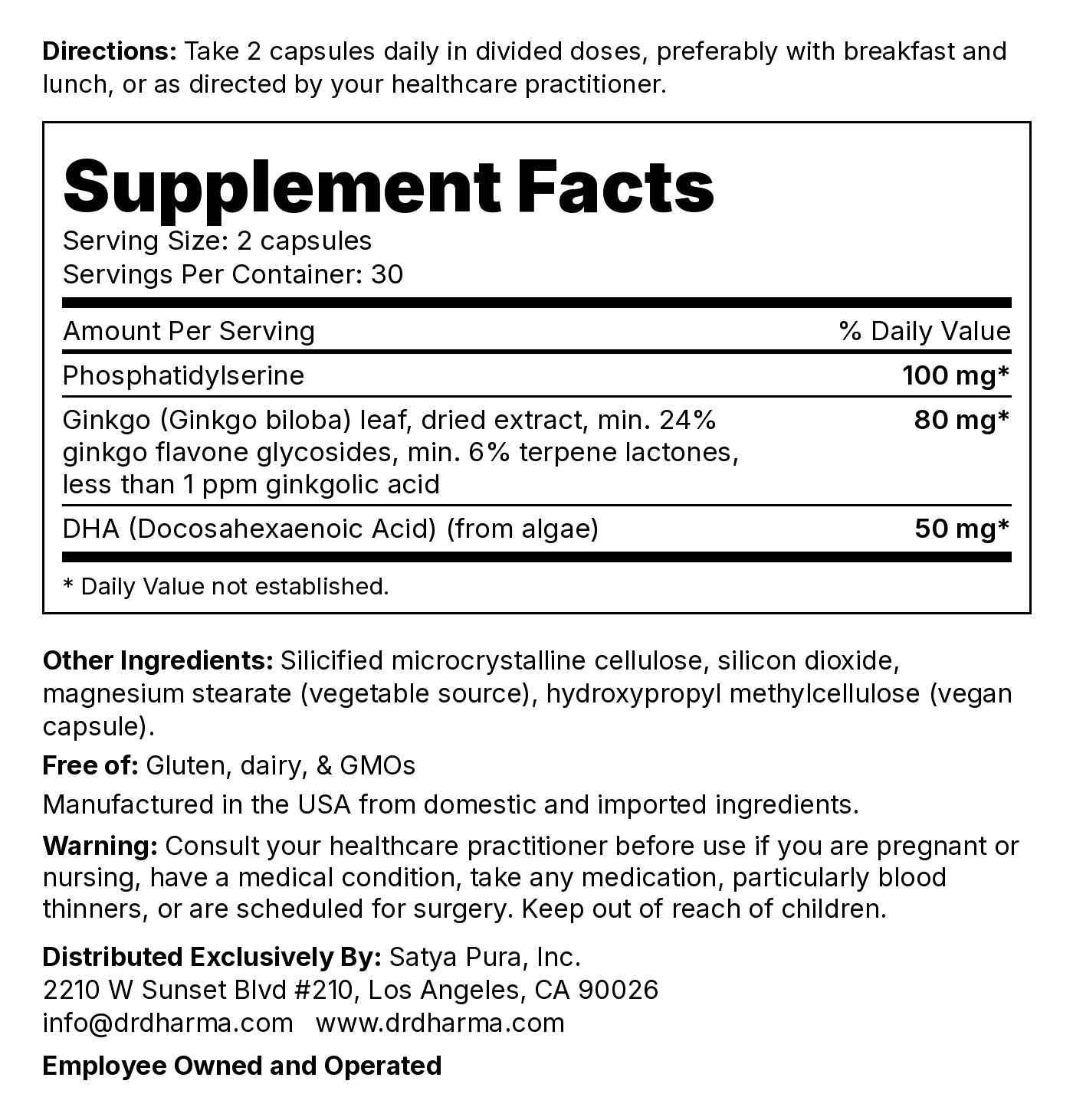 Brain Caps Supplement Facts panel