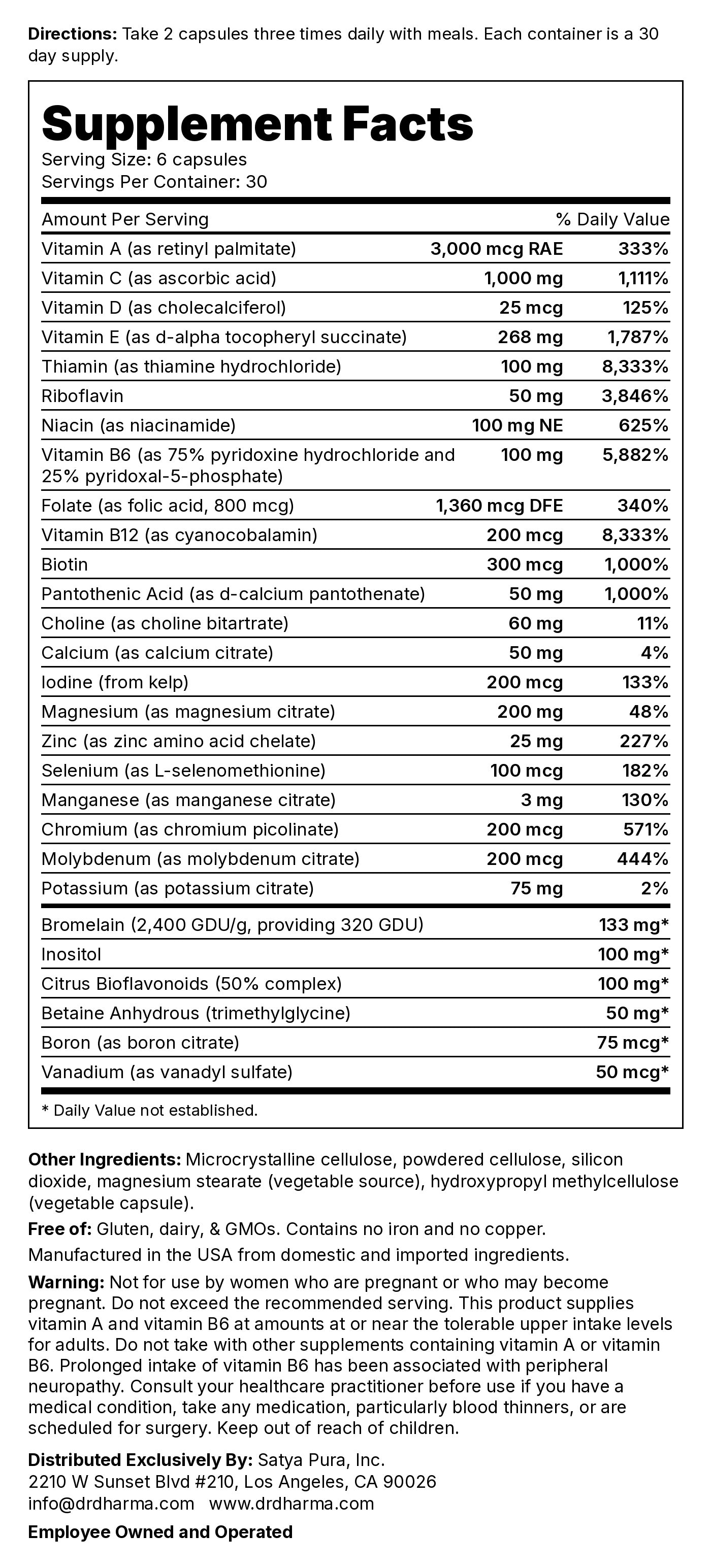 Gold Multi-Vitamin Supplement Facts panel
